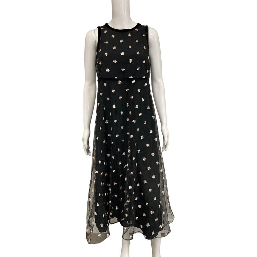MAX MARA Black Tulle Embroidered Floral Sleeveless Midi A-Line Dress IT 38 US 4